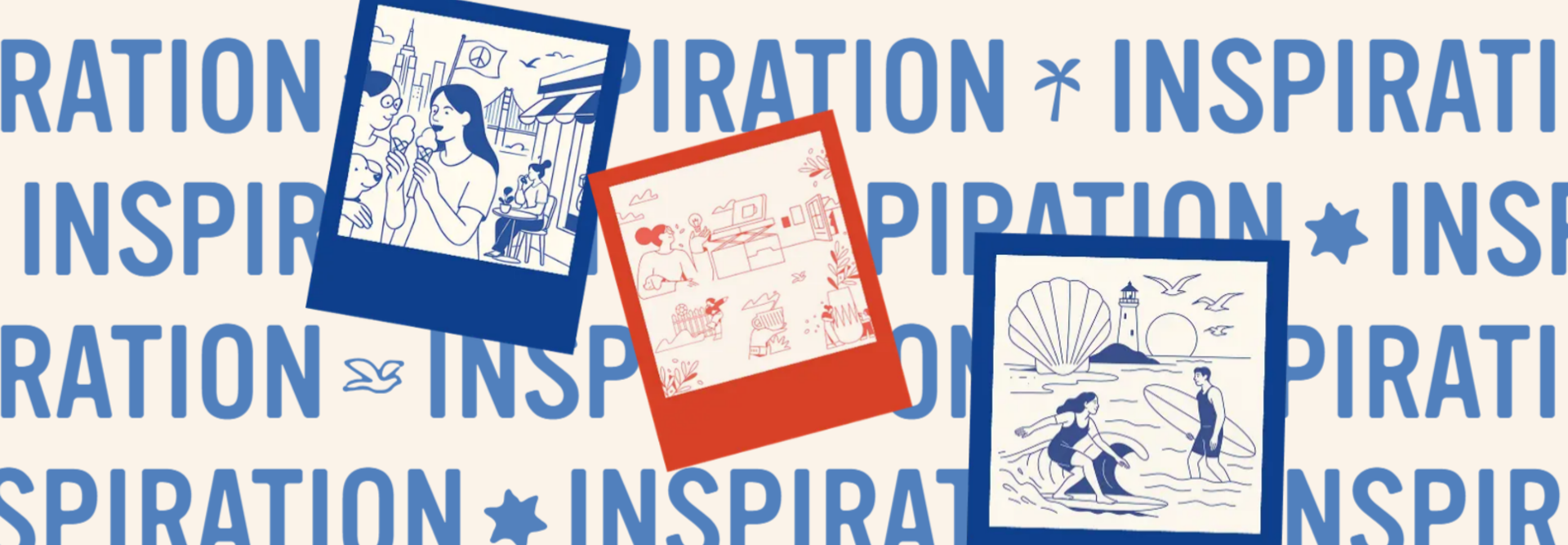 Kreative Illustrationen und lebendiges Design, die Inspiration in alltäglichen Momenten und Aktivitäten zeigen.