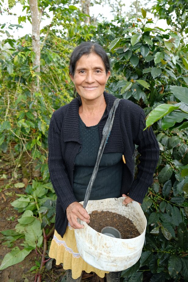 Woman holding a container of soil in a coffee plantation, showcasing the artisanal coffee farming tradition in rural areas.
