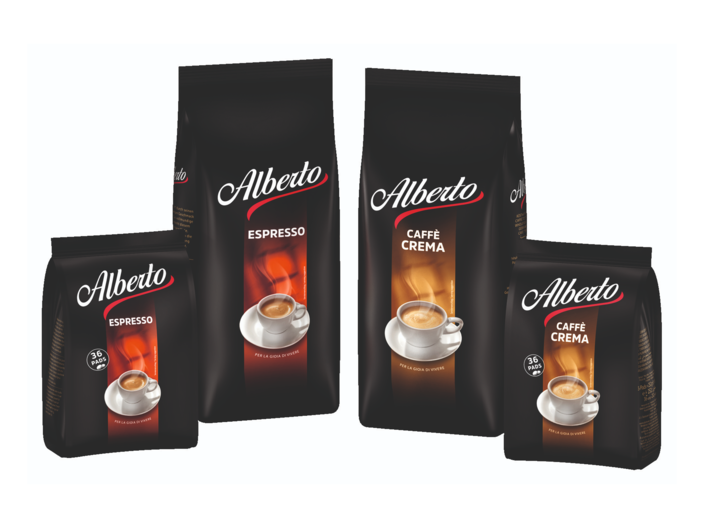 Alberto coffee packaging featuring Espresso and Caffè Crema blends, perfect for a rich coffee experience.