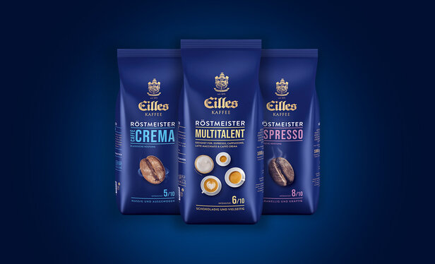 Eilles Kaffee Röstmeister range features Caffè Crema, Multitalent, and Espresso coffee bags on a blue background.
