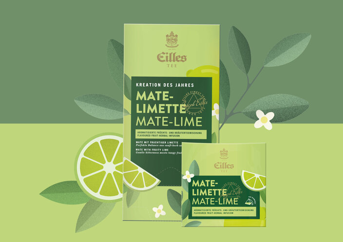 Eilles Tee's Mate-Limette packaging showcases a vibrant lime-themed design for their fruit-herbal infusion.