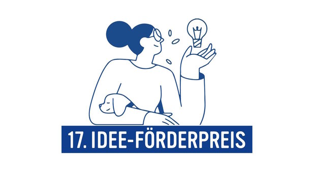 Woman holding a lightbulb, reflecting creativity for the 17th Idee-Förderpreis, with a dog beside her.