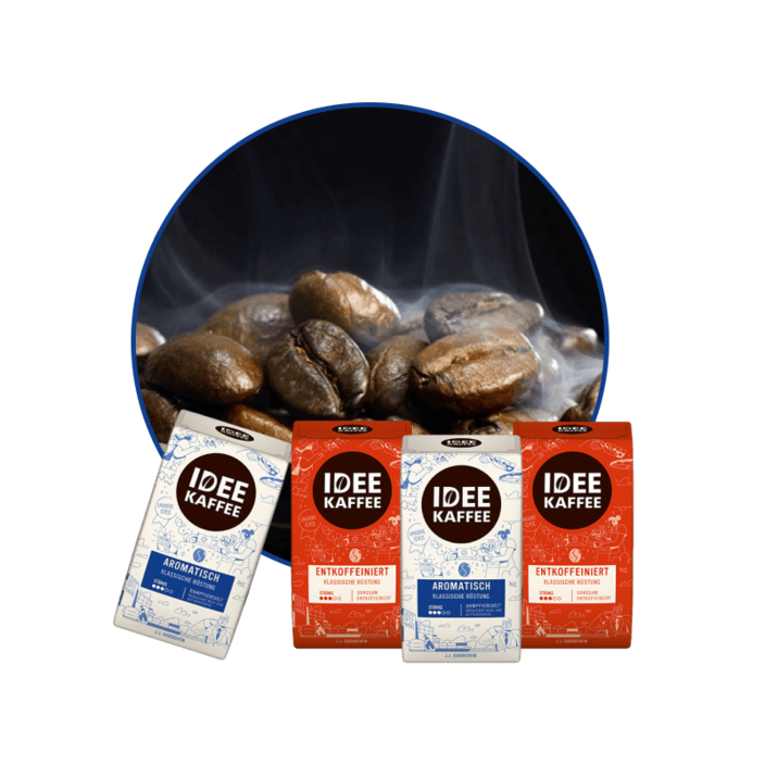 Variety of Idee Kaffee packs in front of fresh coffee beans, showcasing aromatic and decaffeinated options for coffee lovers.