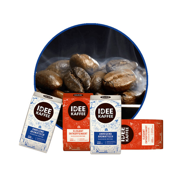 Różnorodne opakowania Idee Kaffee przed świeżymi ziarnami kawy, prezentujące aromatyczne i bezkofeinowe opcje dla miłośników kawy.