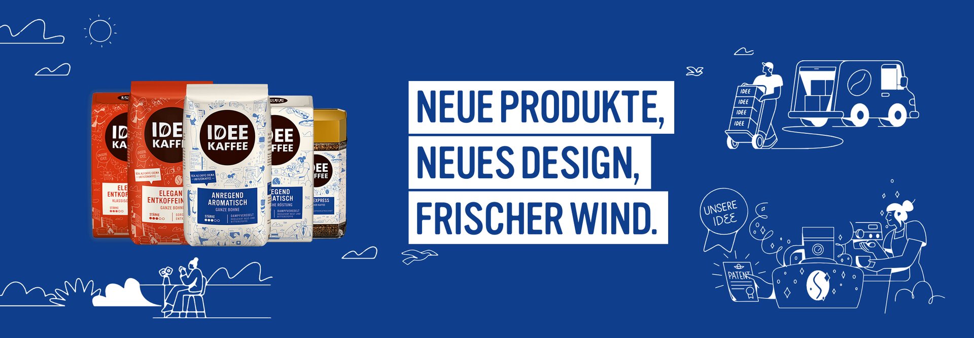 Die neuen Verpackungen von IDEE Kaffee zeigen eine Vielzahl von Produkten und werben für frische Geschmacksrichtungen und innovative Designs.