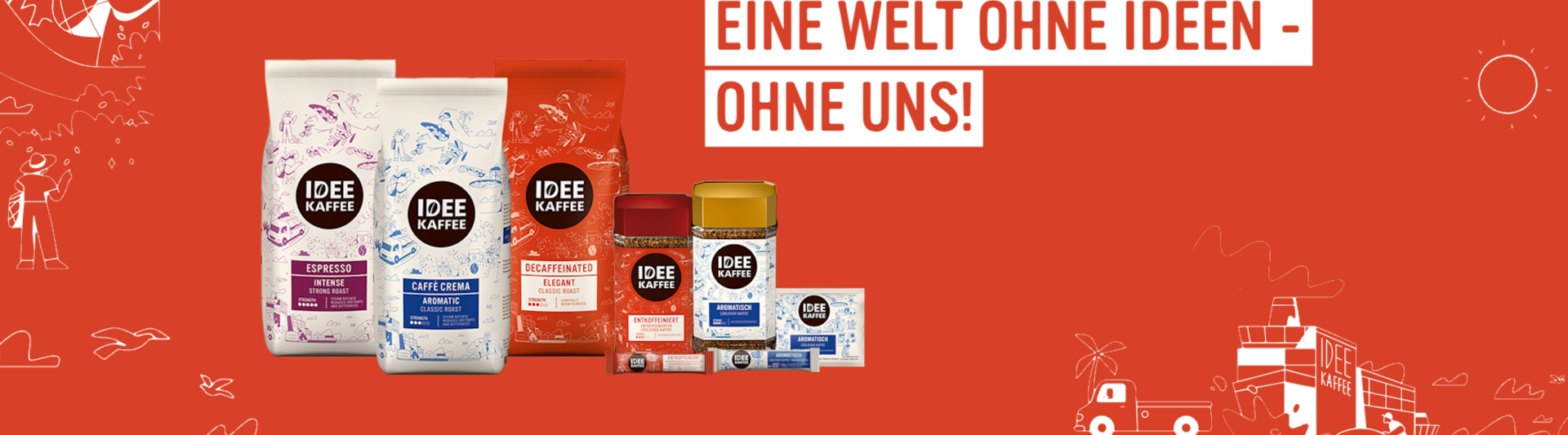 Eine Vielzahl von IDEE KAFFEE Produkten auf einem kräftigen blauen Hintergrund, der das einzigartige Kaffeeangebot und die Kreativität der Marke präsentiert.
