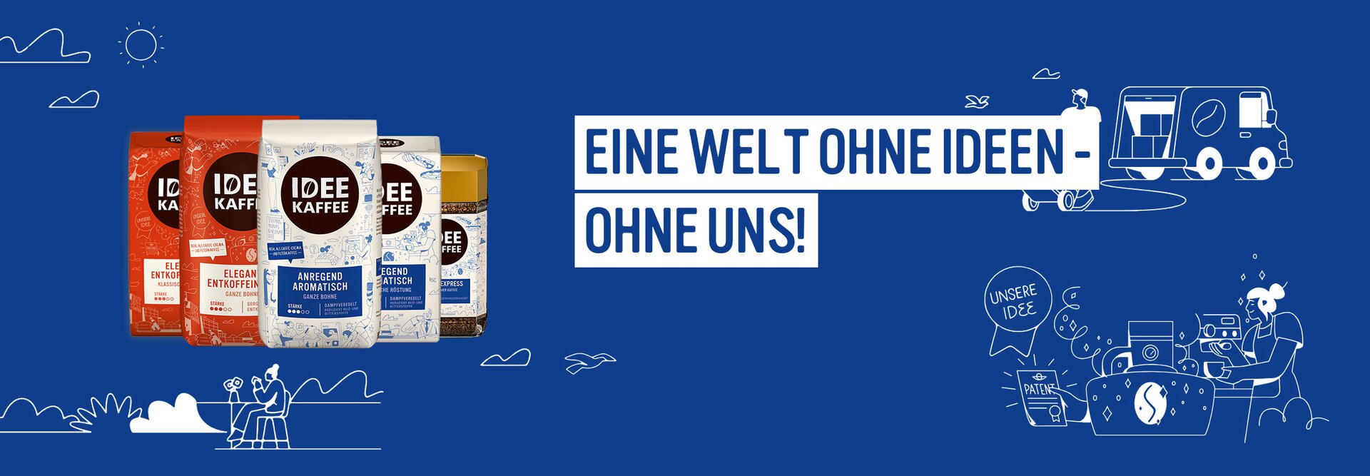 Eine Vielzahl von IDEE KAFFEE Produkten auf einem kräftigen blauen Hintergrund, der das einzigartige Kaffeeangebot und die Kreativität der Marke präsentiert.