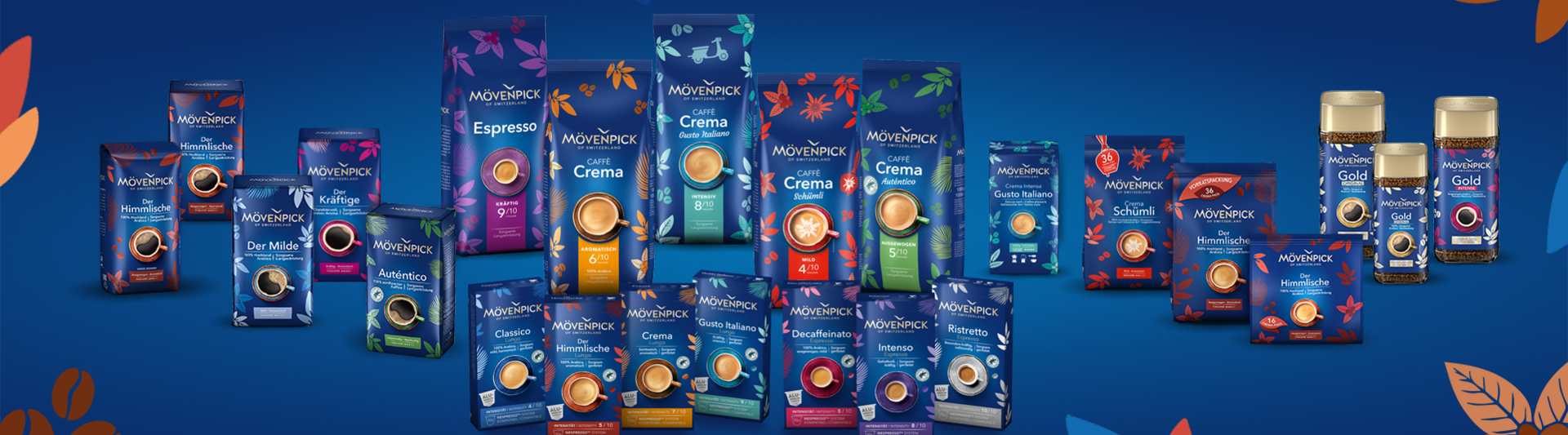Assorted Mövenpick coffee products featuring various blends and flavours displayed against a vibrant blue background.