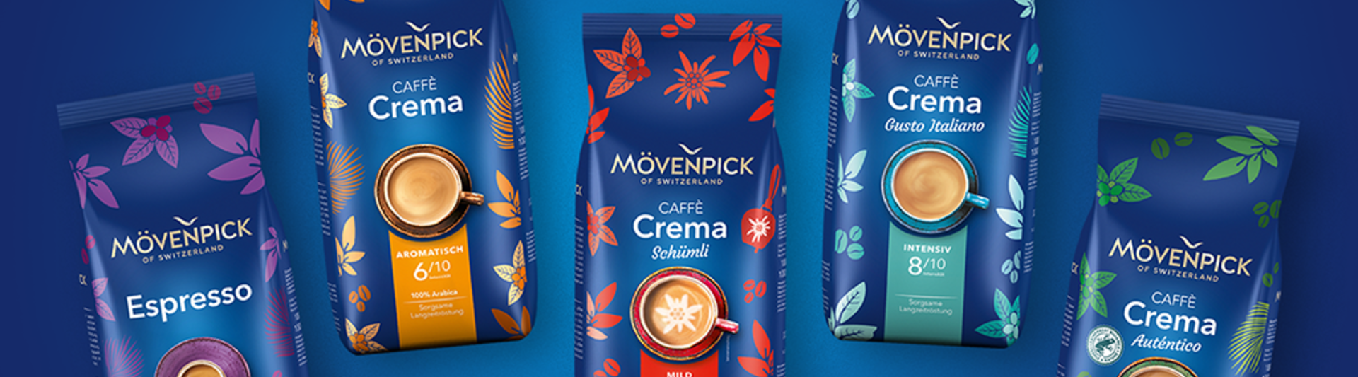Mövenpick coffee bags featuring Espresso and Caffè Crema varieties on a vibrant blue background. Perfect for coffee lovers.