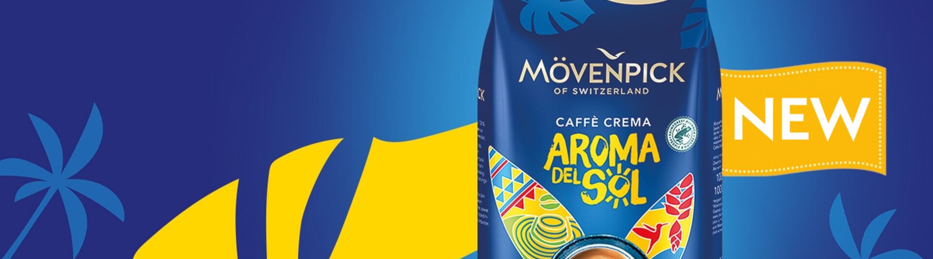 L'emballage du Mövenpick Aroma del Sol Caffè Crema sur un fond bleu vibrant, mettant en valeur son riche mélange de café.