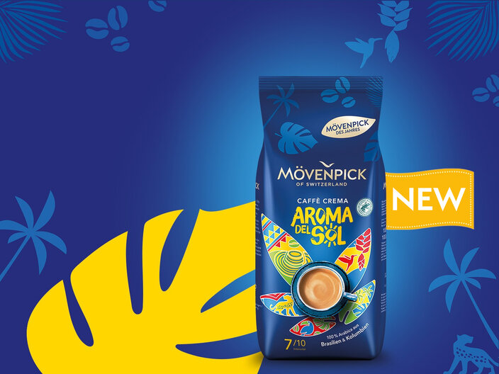 Mövenpick Aroma del Sol Caffè Crema packaging on a vibrant blue background, showcasing its rich coffee blend.
