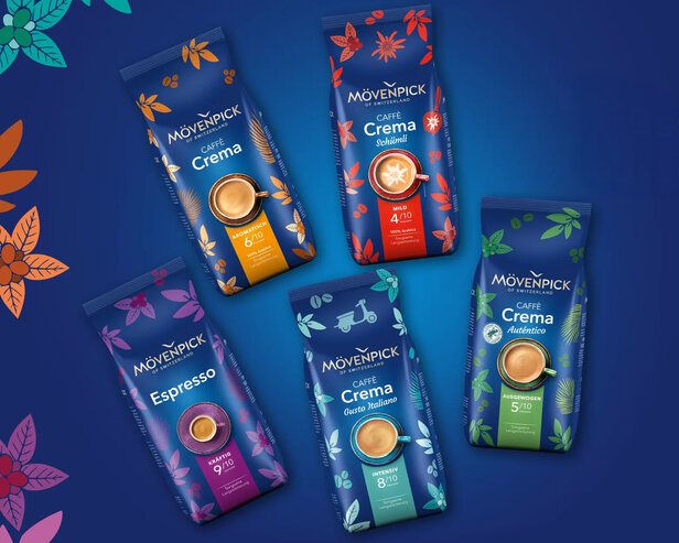 Gama kaw Mövenpick obejmująca Caffè Crema, Espresso i smaki prezentowane na żywym niebieskim tle.