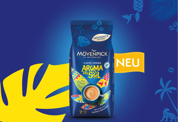 Mövenpick Aroma del Sol Caffè Crema pack, featuring vibrant designs and a cup of coffee, on a bold blue background.