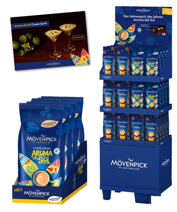 Mövenpick Aroma del Sol koffiedisplay met verpakking en promotiemateriaal voor koffieliefhebbers.