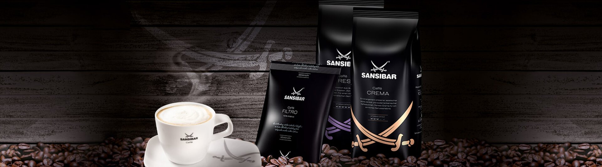 Rich espresso coffee with Sansibar packaging, set on a bed of coffee beans for an inviting presentation.
