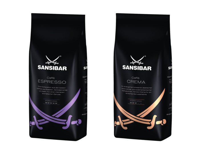 Two bags of Sansibar coffee: Caffè Espresso and Caffè Crema, showcasing premium blends for a rich coffee experience.