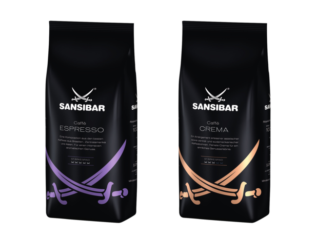 Zwei Beutel Sansibar Kaffee: Caffè Espresso und Caffè Crema, die hochwertige Mischungen für ein reichhaltiges Kaffeeerlebnis bieten.
