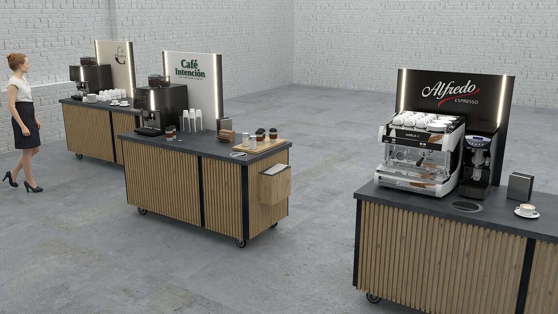 Moderne Kaffeestation mit Geräten von Alfredo und Café Intención, ideal für Kaffeeliebhaber und Veranstaltungen.