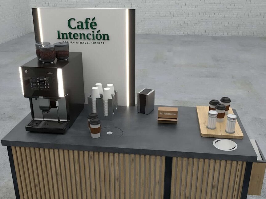 Café Intención-Kaffeestation mit einer eleganten Maschine und stilvollen Tassen, perfekt für ein modernes Café.