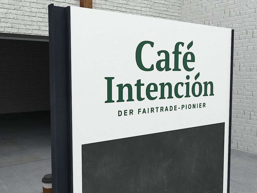 Café Intención-Schild mit einer daneben stehenden Frau, die in einem stilvollen Café für Fairtrade-Kaffee wirbt.