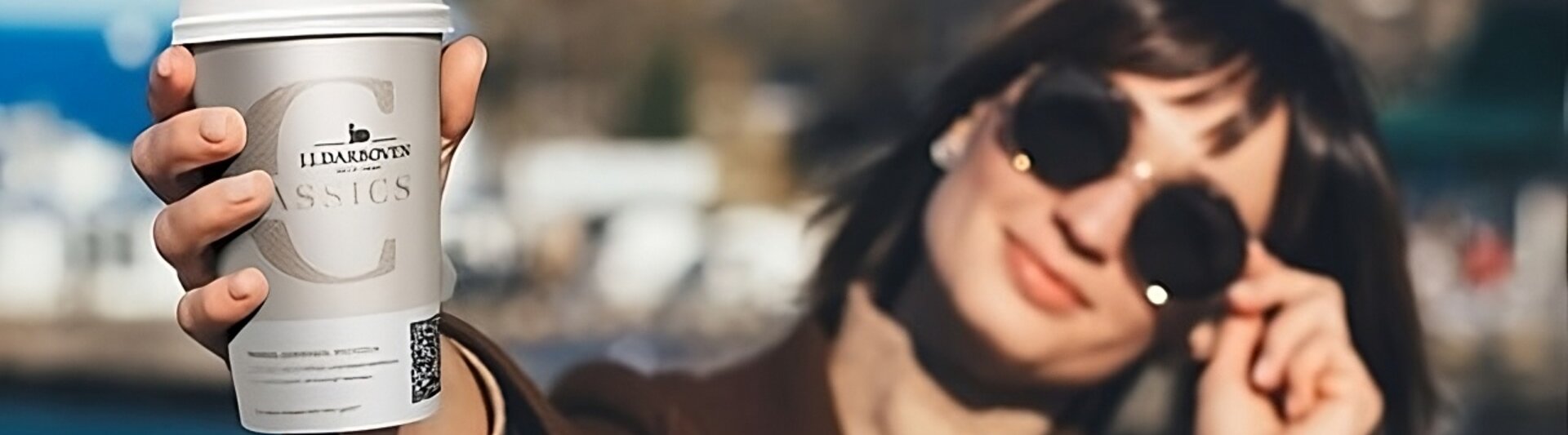 Eine Frau genießt einen Kaffee zum Mitnehmen, während sie eine Sonnenbrille trägt, vor einem malerischen Hintergrund im Freien.