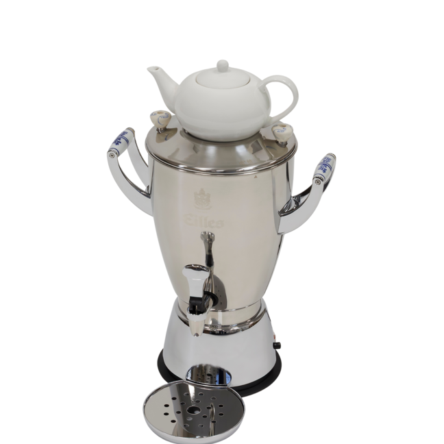 Samowar aus poliertem Edelstahl mit weißer Teekanne, ideal zum Servieren von Tee in einem stilvollen Rahmen.