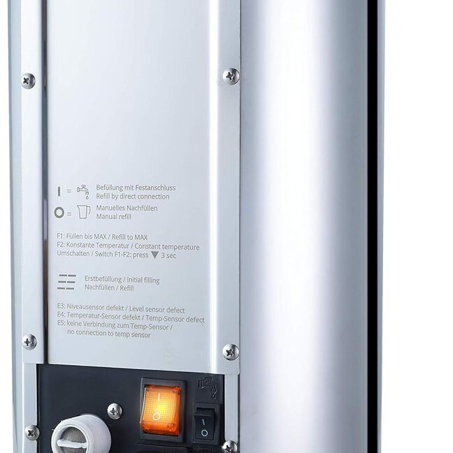 Rückansicht eines modernen Geräts mit Nachfüllanleitung, Sensoren und Netzschalter, ideal für eine effiziente Nutzung.