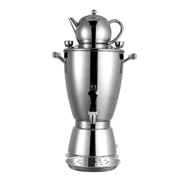 Stilvoller Samowar aus Edelstahl mit Teekanne, perfekt zum eleganten Aufbrühen und Servieren von Tee.