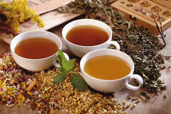 Drei Tassen mit Kräutertee, umgeben von getrockneten Kräutern und Blumen auf einem rustikalen Holztisch, der das natürliche Wohlbefinden unterstreicht.