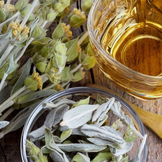 Herbata ziołowa ze świeżymi liśćmi szałwii, parzona w szklanym kubku na drewnianej powierzchni, idealna do relaksu.