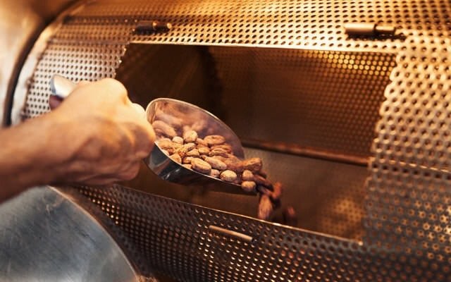 Kakaobohnen, die während der Schokoladenherstellung aus einer Röstmaschine geschöpft werden, um den handwerklichen Prozess zu veranschaulichen.