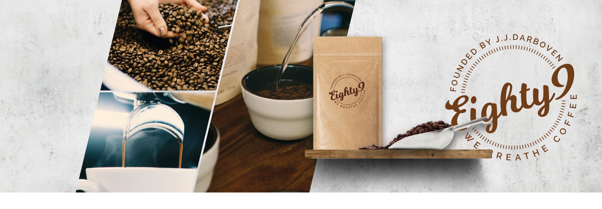 Remeselná príprava kávy v kaviarni Eighty9, ktorá predstavuje zrnkovú kávu, prípravu a balenie pre milovníkov kávy.