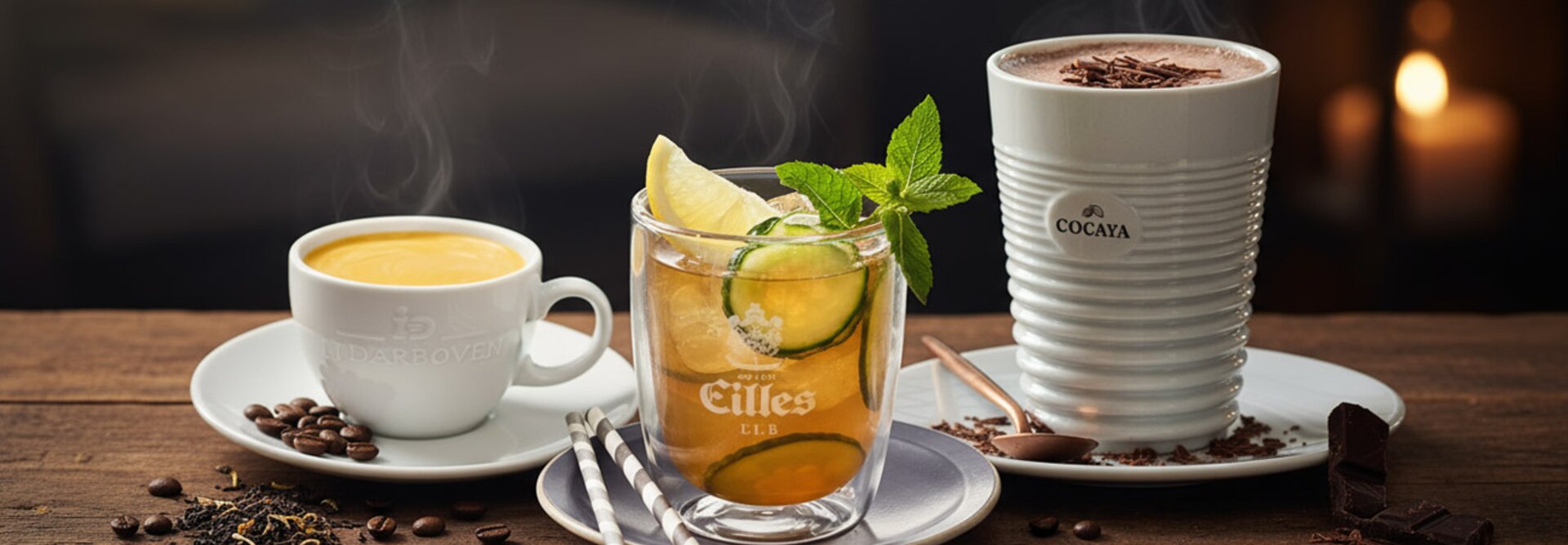 Rozmanité horúce nápoje na drevenom stole: espresso, čaj s citrónom a kakao s čokoládovými hoblinami.