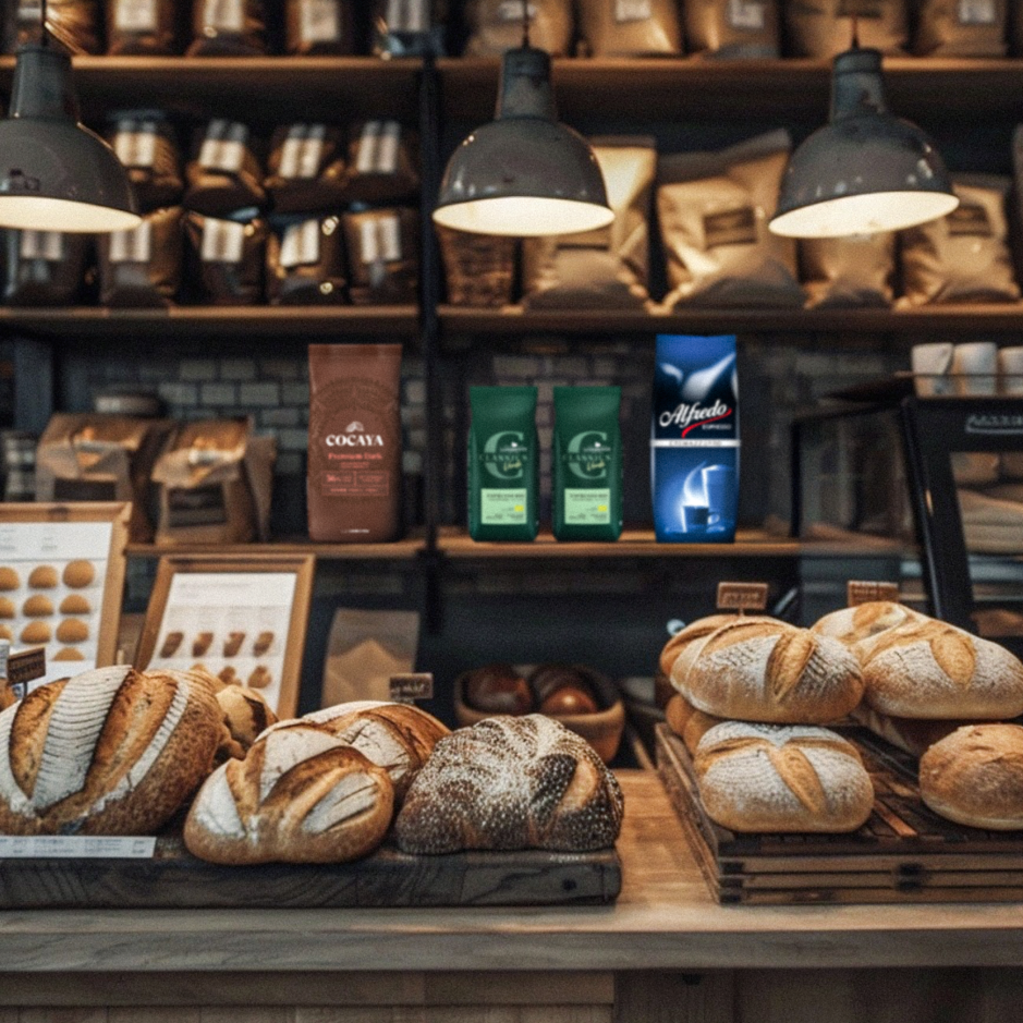 Remeselný chlieb a prémiové kávové zmesi vystavené v očarujúcej pekárni, ktorá je ideálna pre B2B partnerstvá.