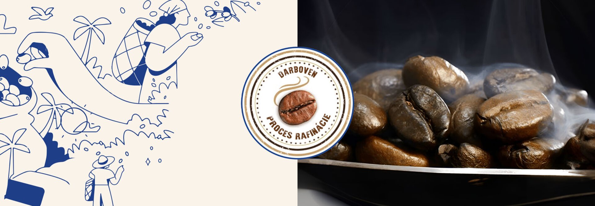 Umelecká ilustrácia zberu kávy spolu s čerstvo upraženými kávovými zrnami, z ktorých vychádza para.