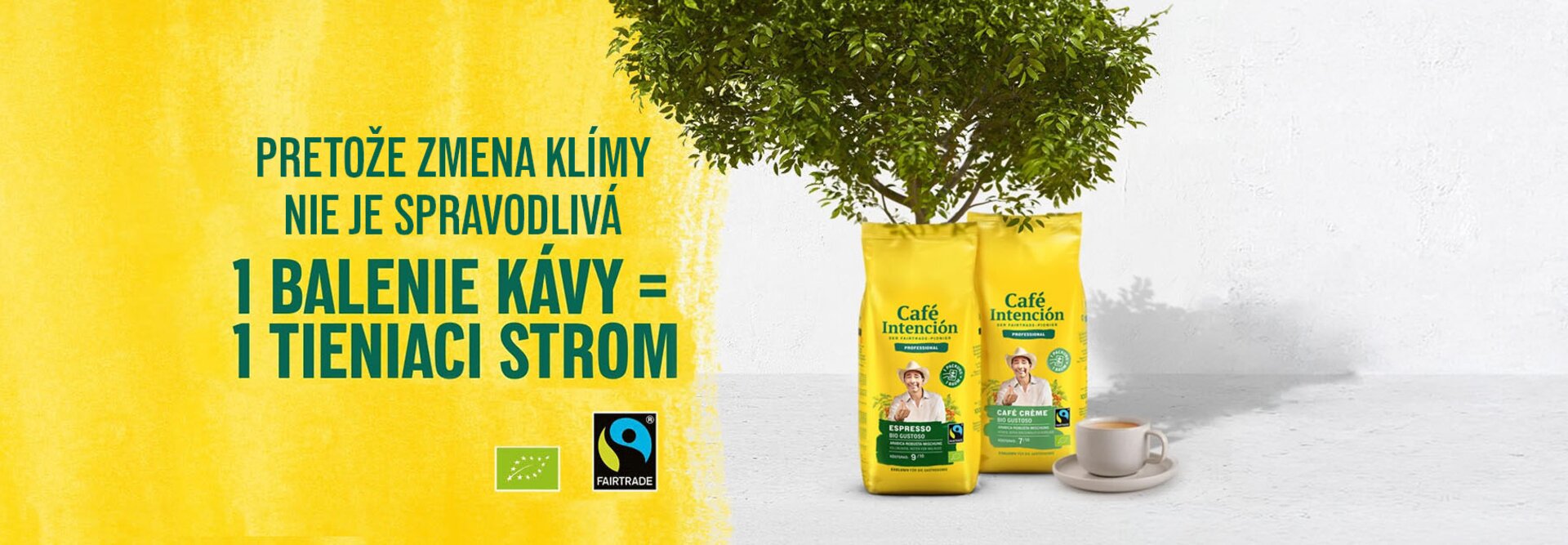 Vrecká na kávu Café Intención podporujú udržateľnosť a zdôrazňujú, že jedno vrecko sa rovná jednému zasadenému stromu v rámci opatrení na ochranu klímy.