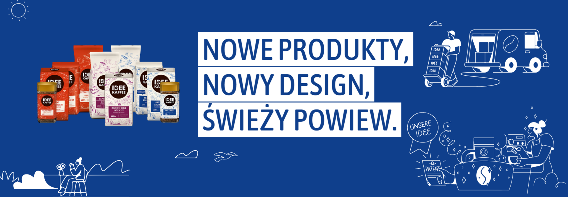 Nowe produkty Idee Kaffee prezentowane na niebieskim tle, ze świeżymi wzorami i różnymi mieszankami kawy.