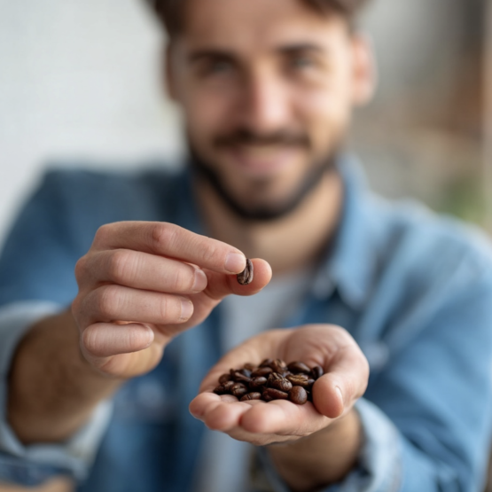 Muž drží kávové zrno nad hrsťou pražených kávových zŕn a ukazuje umenie prípravy kávy.