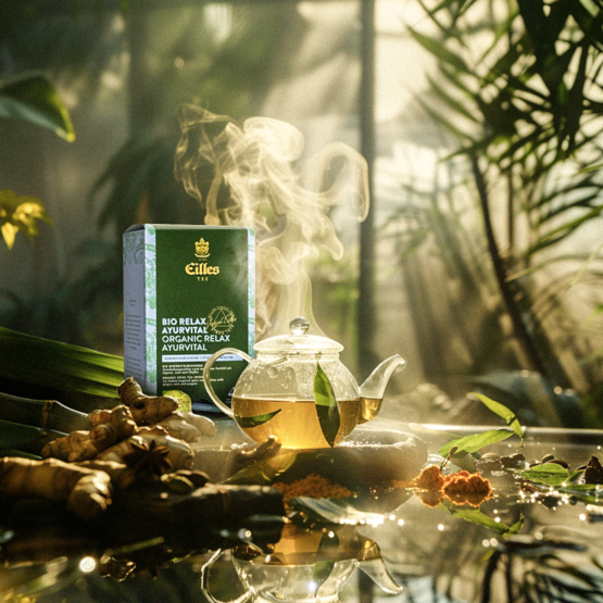 Parná kanvica s bio relaxačným ajurvédskym čajom spolu s čerstvými bylinkami a koreninami v pokojnom zelenom prostredí.