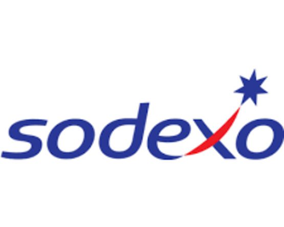 Logo Sodexo z niebieskim i czerwonym wzorem, reprezentujące usługi w zakresie zarządzania żywnością i obiektami.
