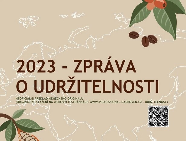 Obálka správy o udržateľnosti na rok 2023 s kávovníkmi, s mapovým podkladom a QR kódom na stiahnutie.