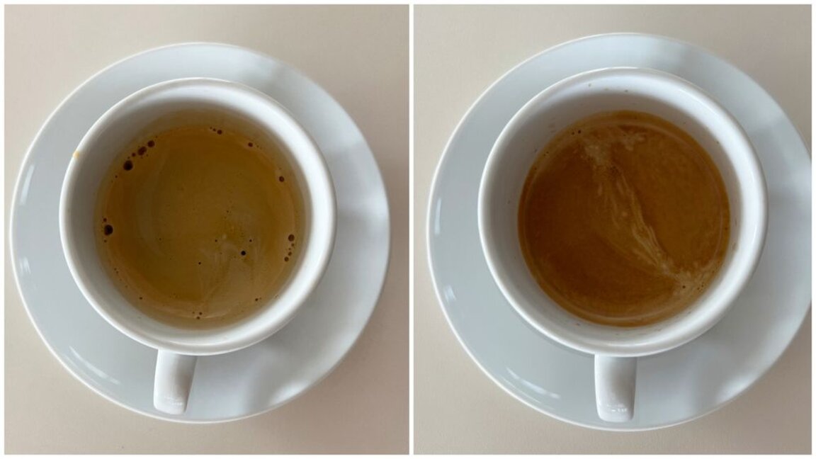 Rich espresso in a white cup, showcasing two stages: smooth crema and a swirling pattern, perfect for coffee lovers.