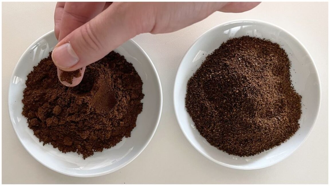 Different textures of coffee grounds displayed in two bowls, one coarse and one fine, with a hand preparing to measure.