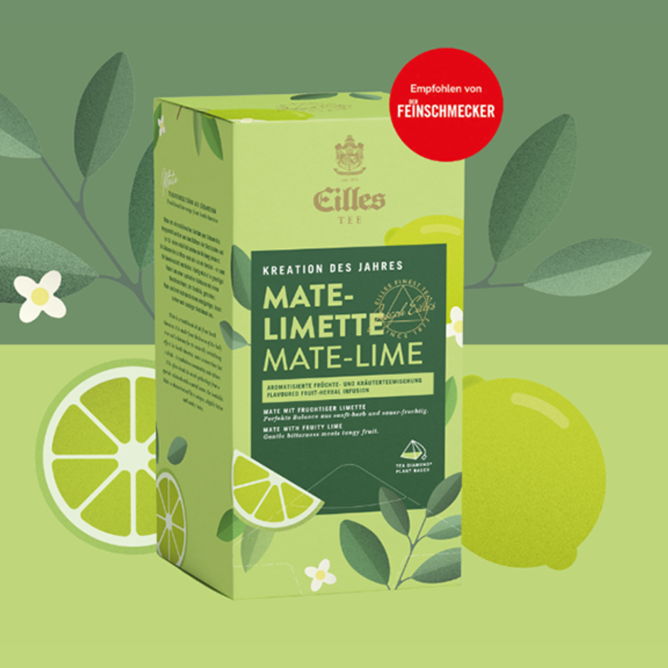 Refreshing Eilles Mate-Lime tea packaging featuring vibrant lime graphics and a "recommended by Feinschmecker" sticker.