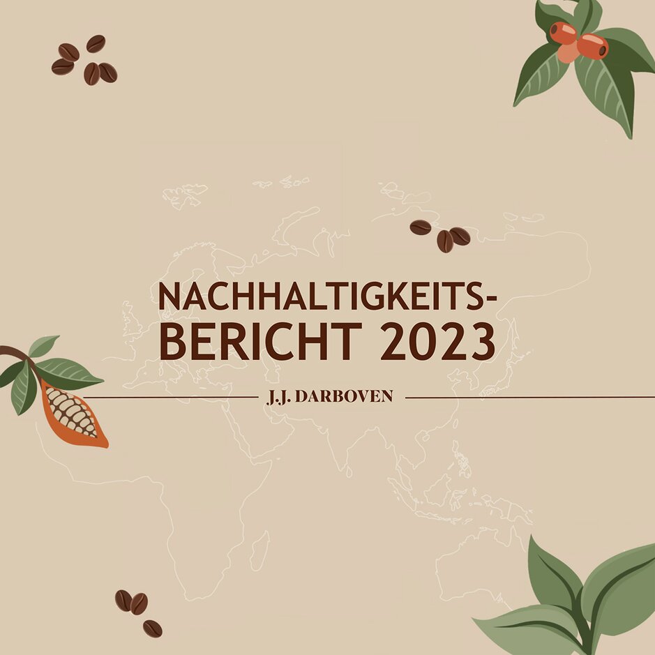 Sustainable report 2023 by J.J. Darboven, featuring a world map and coffee plant illustrations.