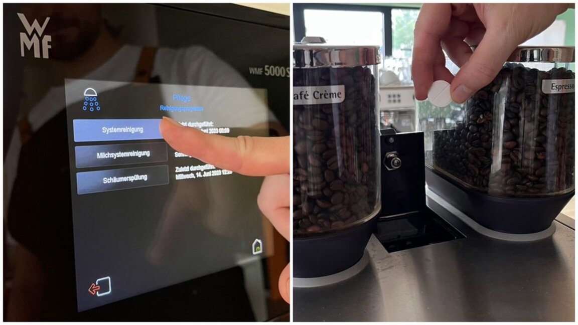 User interacting with WMF 5000 S coffee machine settings, managing coffee bean storage for optimal brewing.