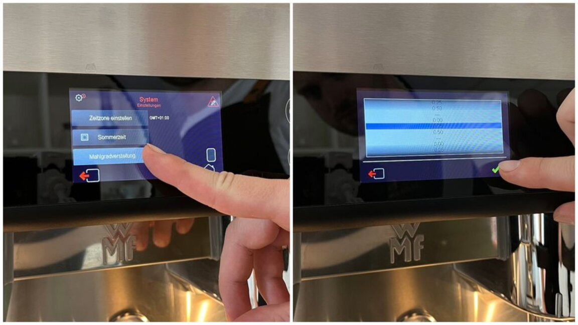 User adjusting grind settings on a WMF coffee machine touchscreen display for optimal coffee preparation.