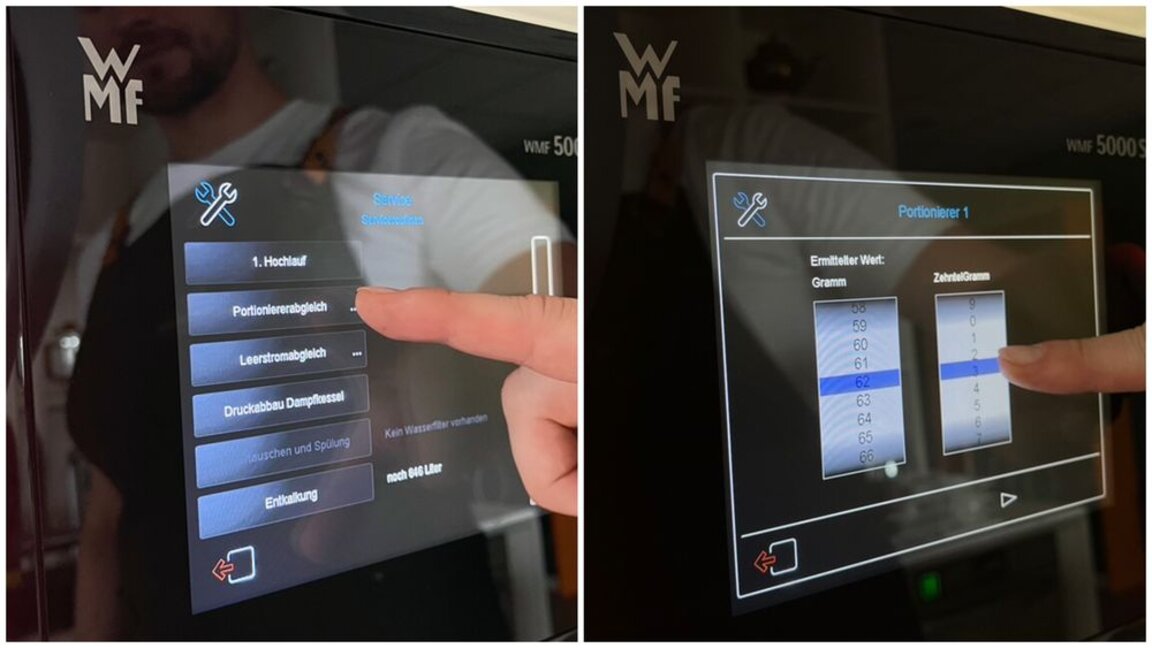 User adjusting portion settings on a WMF 5000S coffee machine's touchscreen display for precise measurements.