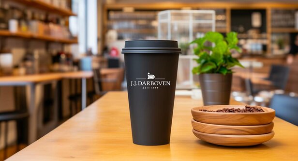 Wiederverwendbarer Kaffeebecher auf einem Holztisch, der das Branding von J.J. Darboven in einer stilvollen Caféumgebung zeigt.