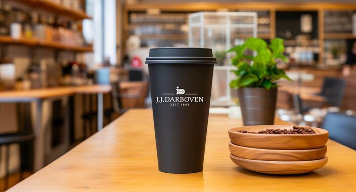 Reusable coffee cup on a wooden table, showcasing J.J. Darboven branding in a stylish café setting.